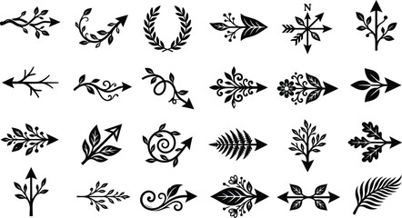 Fototapeta premium Floral arrow vector icon set with botanical leaf elements