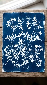 Wild Creeper Vine Branch Cyanotype Print Intricate Botanical Foliage Blue Art
