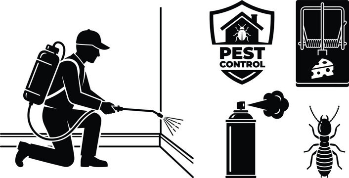 Professional pest control vector icon set with worker spraying chemical shield logo mouse trap aerosol spray can and termite silhouette