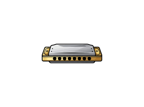 Gold And Silver Harmonica With Black Mouthpiece Openings, Classic Compact Musical Instrument For Blues, Folk Music, Performance And Lessons, Vector Illustration