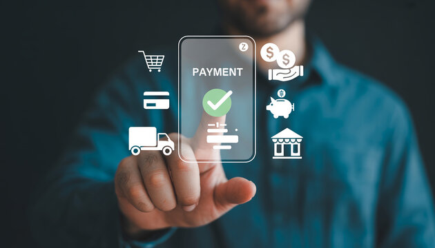 Man touches payment interface on screen, representing digital payment system with shopping icons.
