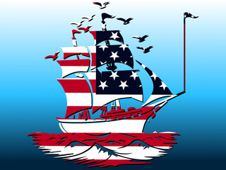 Sailing ship with American flag on stylized waves national maritime © VECTOR  STOCK