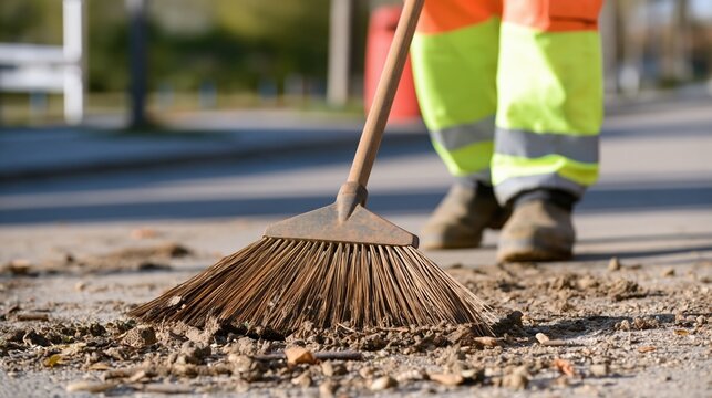 Worker in high visibility clothing sweeping debris from a street with a broom