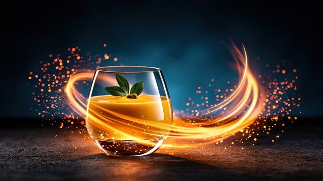 Refreshing orange juice with glowing light trails and sparks