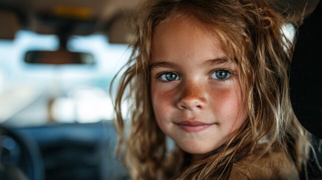 A young girl with curly hair and freckles gazes curiously at the camera from the backseat of a car, bringing warmth and innocence to a sunny journey filled with adventure.