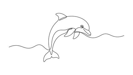Minimalist Dolphin Outline Jumping Above a Wavy Line, Elegant Marine Wildlife Illustration on White Background © Clipzax