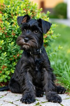 Adorable black miniature schnauzer puppy sitting outdoors on cobblestone path with lush green foliage