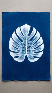 Tropical Monstera Leaf Cyanotype Print Modern Botanical Blueprint Blue Wall Decor