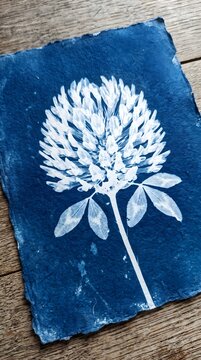 Red Clover Flower Bloom Cyanotype Blueprint Detailed Botanical Sun Print Art