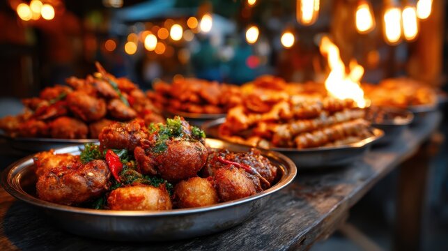 An enticing street food display featuring various fried delicacies, showcasing vibrant colors and textures that tantalize taste buds with diverse culinary offerings.