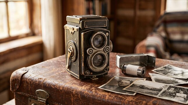 Old Twin-Lens Reflex Camera Worn Leather Suitcase Dust Lenses Scratched Metal Film Roll Black White Photos Scattered Macro Analog Memory