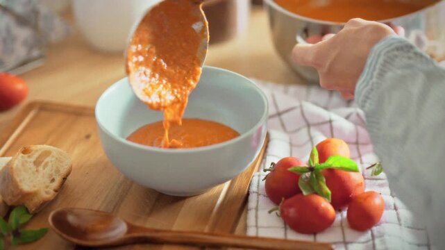 A housewife serves hot tomato soup into a bowl with a metal ladle. Fresh bread and tomatoes on the wooden table. Theme of autumn harvest and warm homemade meal preparation