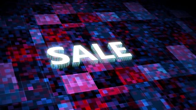 Glowing 3D sale text displayed over a dark purple digital background with a grid pattern technology business shopping commerce abstract technology business shopping commerce abstract