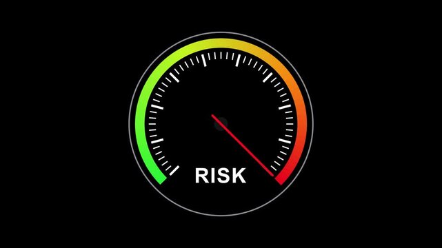 Risk indicator gauge dial with needle pointing towards the green sector on black background meter scale safe management business meter scale safe management business