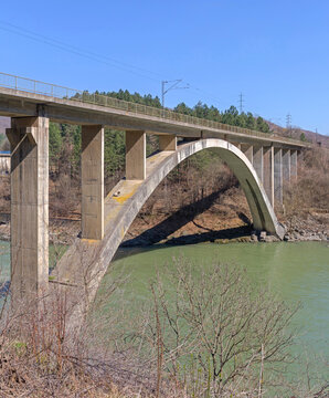 Concrete Arch Railway Bridge Over West Morava River in Cacak Serbia Sunny Spring Day Travel