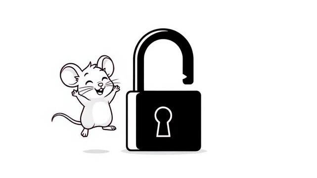 Cute cartoon mouse standing next to a large padlock on white background