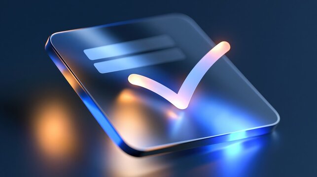 Modern digital checkmark icon on sleek glass interface, representing completion and success