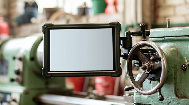 Rugged tablet mounted on a vintage industrial lathe in a workshop, showcasing modern technology integration