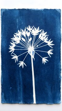 Globe Allium Flower Head Cyanotype Blueprint Modern Botanical Blue Wall Decor