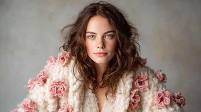 A stunning portrait of a woman wearing a flower-embellished shawl, exuding charm and elegance, captures the essence of beauty and artistry in modern photography.