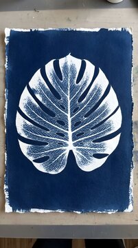 Swiss Cheese Plant Monstera Leaf Cyanotype Blueprint Tropical Wall Art