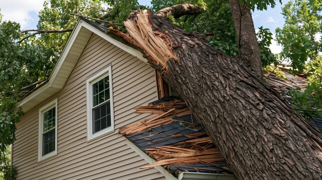 Large tree fallen on residential house roof causing severe damage and destruction after storm