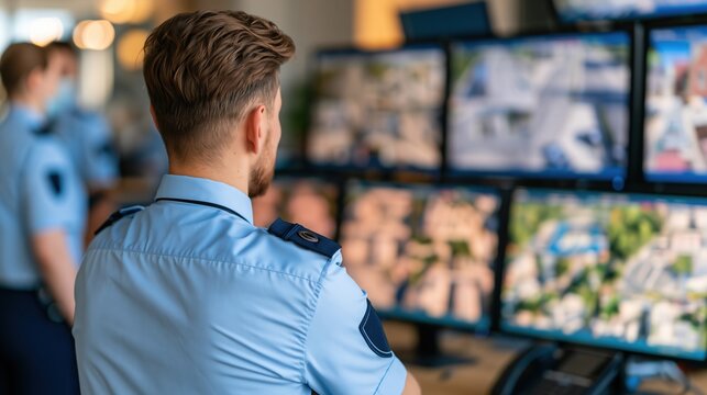 Security guard monitoring multiple surveillance cameras on screens in a control room