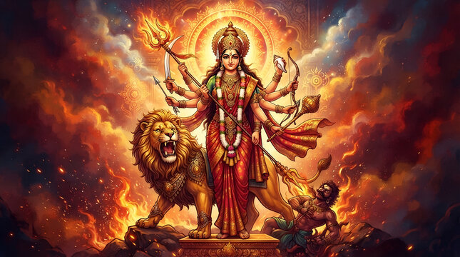 Image is a digital artwork featuring a stylized depiction of a multi-armed deity standing atop a lion. The deity is centered in the composition, with a radiant halo emanating from behind, creating a g