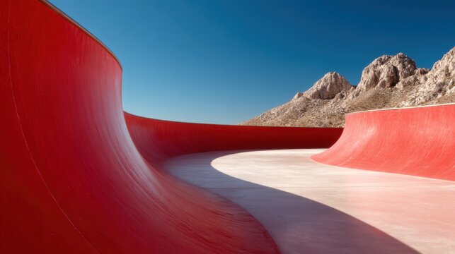 A vibrant red skateboarding ramp curves dramatically against a clear blue sky, creating an exhilarating scene that embodies the spirit of youth and outdoor sports.