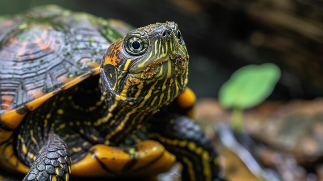 Close Up Portrait of a Striped Turtle Resting on Wet Forest Floor with Detailed Carapace Patterns