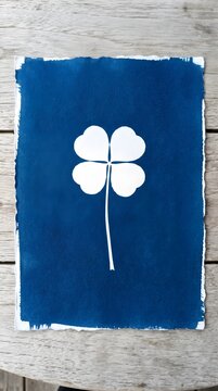 Lucky Four Leaf Clover Cyanotype Blueprint Charming Botanical Blue Wall Decor