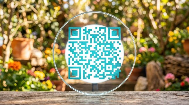 Modern teal QR code displayed on clear circular acrylic sign with blurred garden background