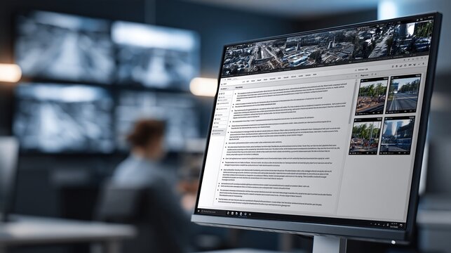 Modern security operations center with multiple CCTV monitors displaying live feeds and analytics on a computer screen