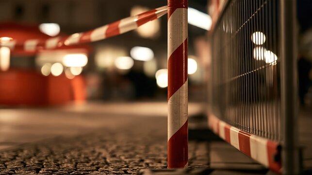 Red and White Barricade Tape and Construction Fence Blocking Off Area At Night