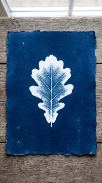 Single Oak Leaf Silhouette Cyanotype Blueprint Woodland Botanical Wall Decor
