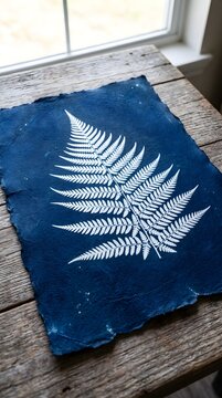 Classic Woodland Fern Frond Cyanotype Blueprint Intricate Botanical Blue Artwork