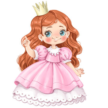 Cute cartoon princess in a voluminous pink dress is telling a story watercolor paint
