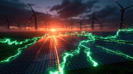Obraz premium Renewable energy concept with solar panels and wind turbines generating clean power at sunset with green energy flow