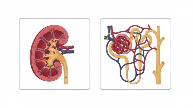 Human Kidney Cross Section and Nephron Structure Vector Illustration