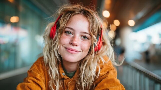 A cheerful young woman wearing red headphones, exuding joy and relaxation as she engages in her favorite activity, reflecting the mood of music appreciation and youthful energy.
