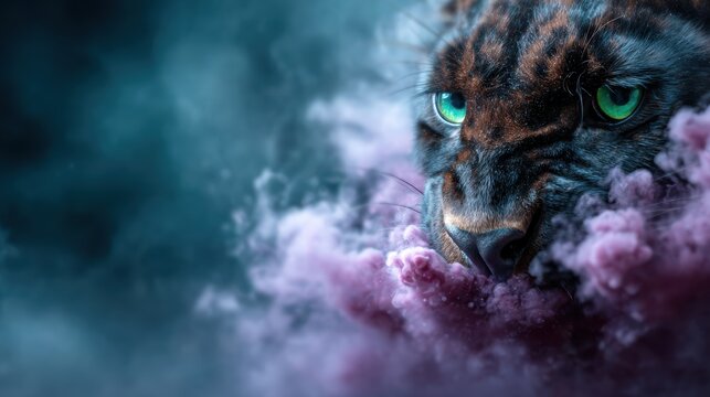 A close-up of a fierce animal's face with striking green eyes, emerging from colorful smoke, representing power and intensity in a captivating artistic composition.