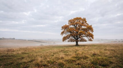 Obraz premium A solitary oak tree (Quercus spp.) stands in a misty, open field under an overcast sky. The tree displays autumnal foliage in shades of brown and orange.