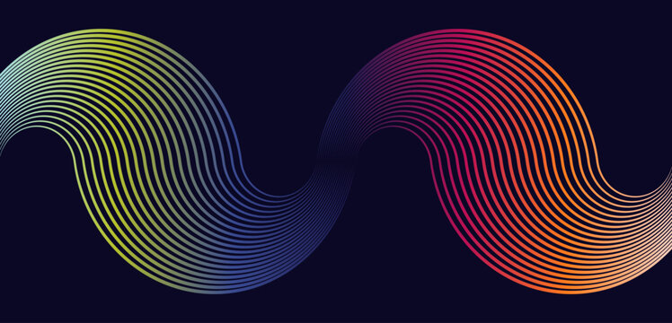 Abstract wavy background featuring flowing parallel lines with a colorful gradient on a dark background. Vector illustration.
