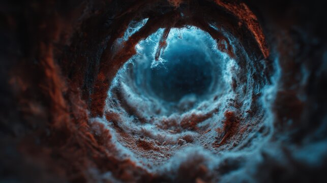 Dive into an abstract view of a glowing tunnel, where deep blue hues and intricate textures create a mesmerizing atmosphere, symbolizing depth and exploration.