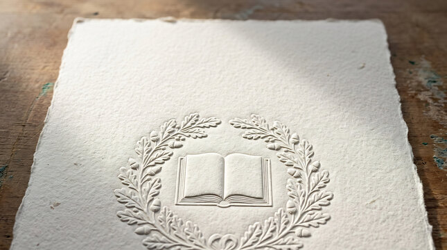 Embossed open book and laurel wreath on handmade paper, Teacher's Day greeting card on rustic wooden table, elegant academic education award diploma mockup.