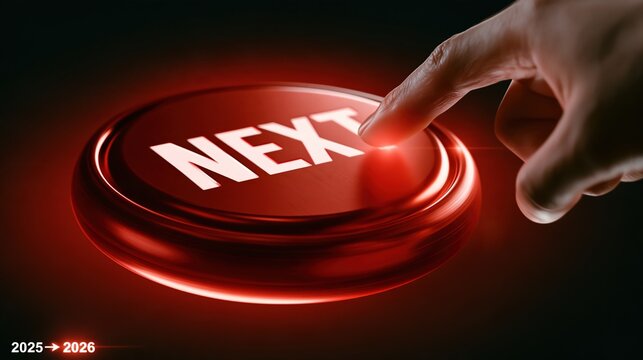 Finger pressing a glowing red button labeled NEXT, symbolizing the transition to the future and new beginnings
