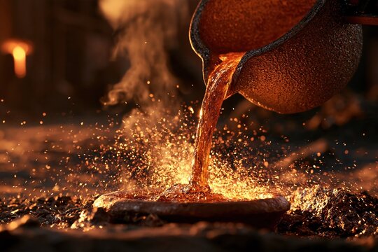 Molten Metal Pouring into Mold with Sparks and Steam in Industrial Foundry Setting