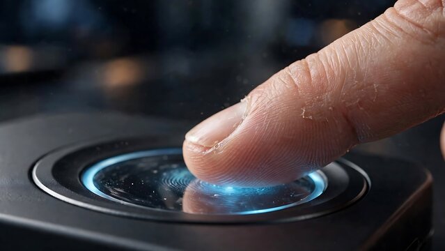 A close-up shot of a human finger pressing down on a glowing blue biometric fingerprint scanner for identification or security access.