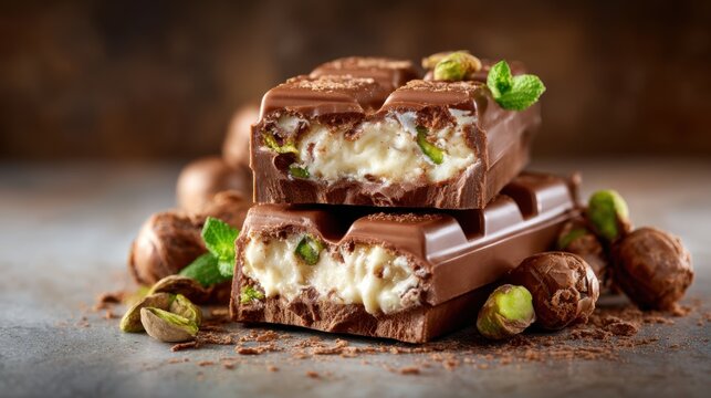 A close-up of a delectable chocolate bar filled with creamy goodness, showcasing chocolate layers and pieces of nuts, perfect for sweet cravings and indulgent moments.