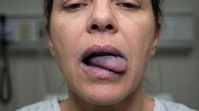 Realistic Central Cyanosis &ndash; Blue Lips and Tongue Clinical Sign